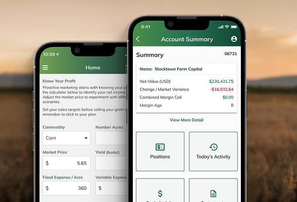 Farm Advantage app preview of upcoming mobile trade execution feature for commodity risk management.