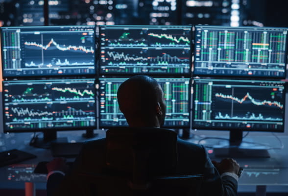 Professional monitoring multiple trading screens, illustrating scalable FX technology solutions and global market access for money service businesses.