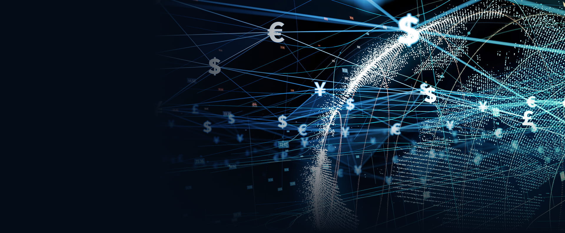 Digital representation of global currency symbols interconnected by data streams, illustrating StoneX's secure and efficient SWIFT payment solutions for global financial institutions.