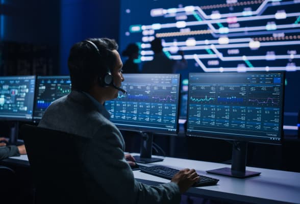 Trader working on multiple screens, representing StoneX Pro's API connectivity and access to institutional FX liquidity and multi-asset products.